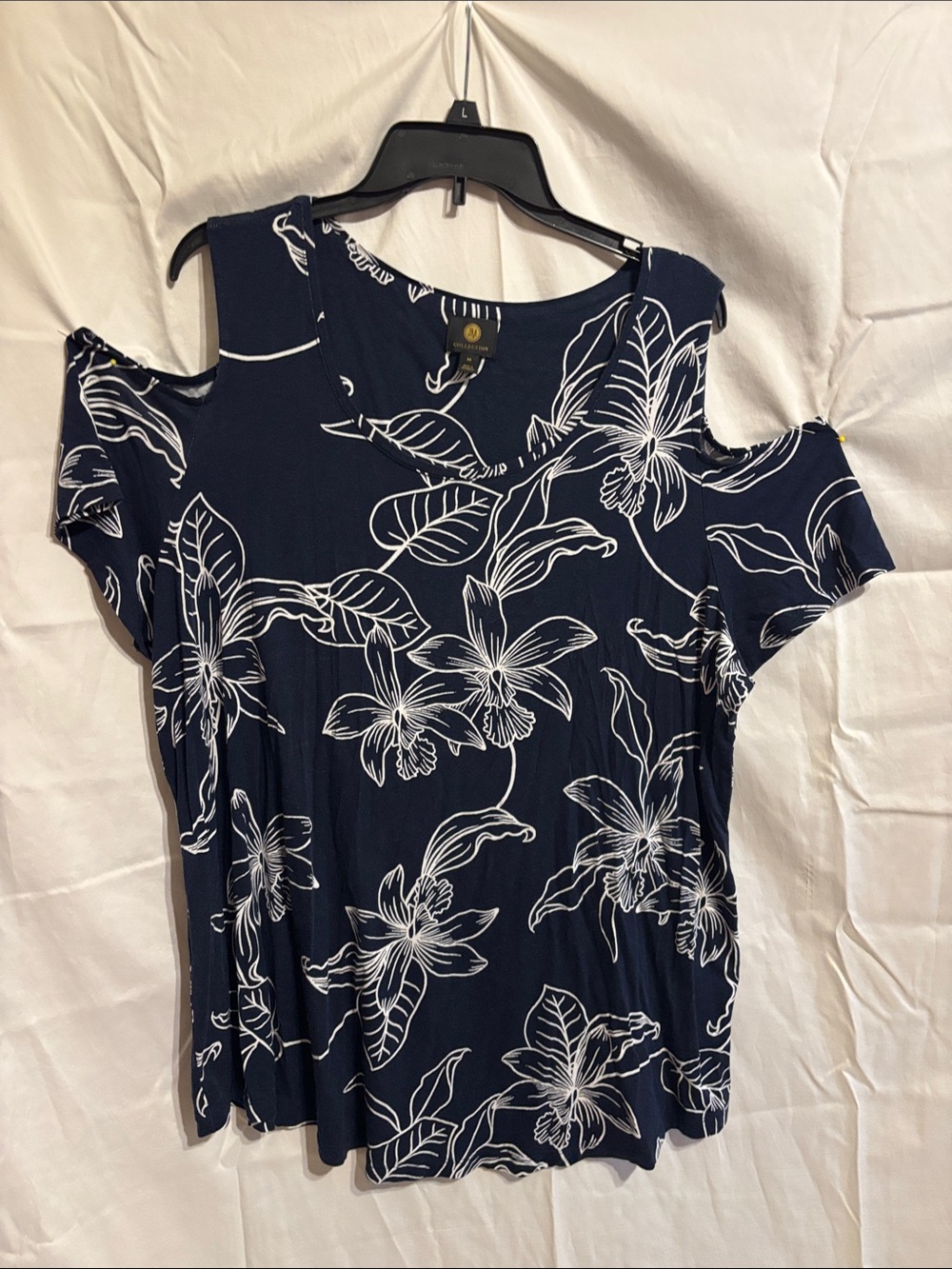 JM Collection Navy Top with White Botanical Print